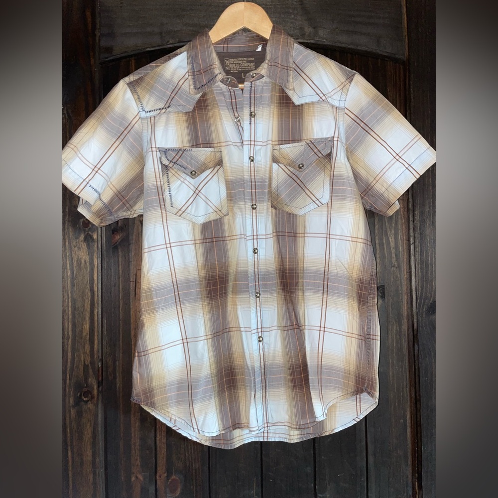 Guess Men's Brown Plaid Button Down Shirt